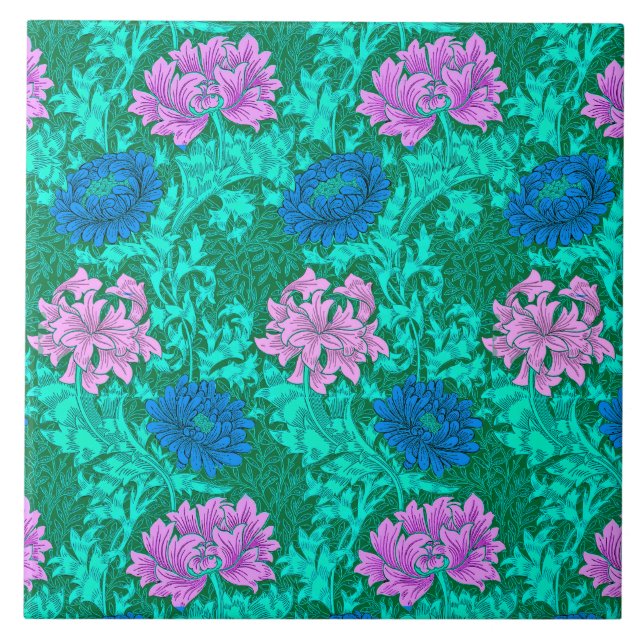 Art Nouveau Chrysanthemums, Aqua and Violet  Tile (Front)