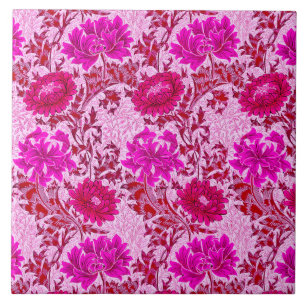 Art Nouveau Chrysanthemums, Burgundy and Pink Tile
