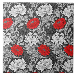 Art Nouveau Chrysanthemums, Grey and Red Tile