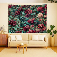 Art Nouveau Climbing Rose Teal Gold Tapestry