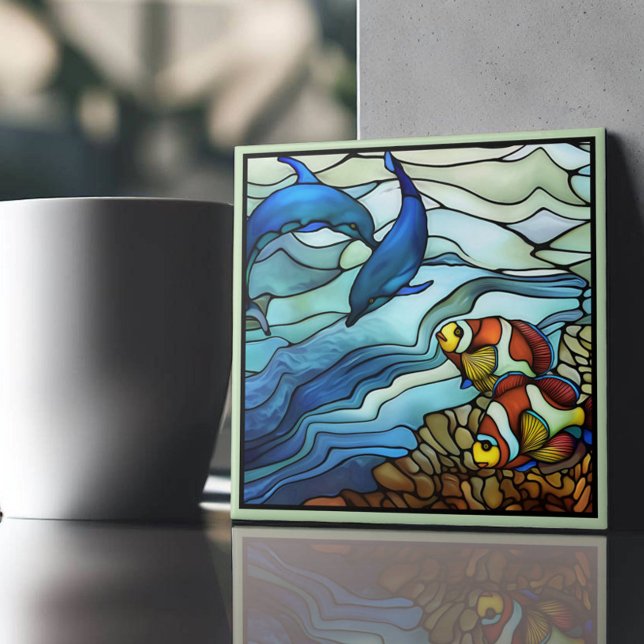 Art Nouveau Clown Fish and Dolphins Stained Glass Tile (Creator Uploaded)