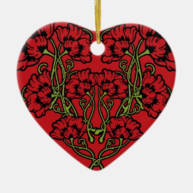 Art Nouveau Coeur Fleur Rouge Ornement en céramiqu (Devant)