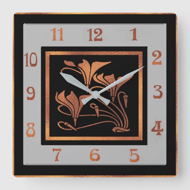 Art Nouveau (Copper and Black) Square Wall Clock (Front)