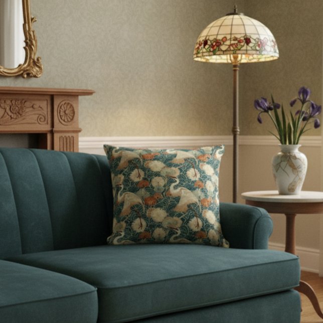 Art Nouveau Cranes Green Throw Pillow (Creator Uploaded)