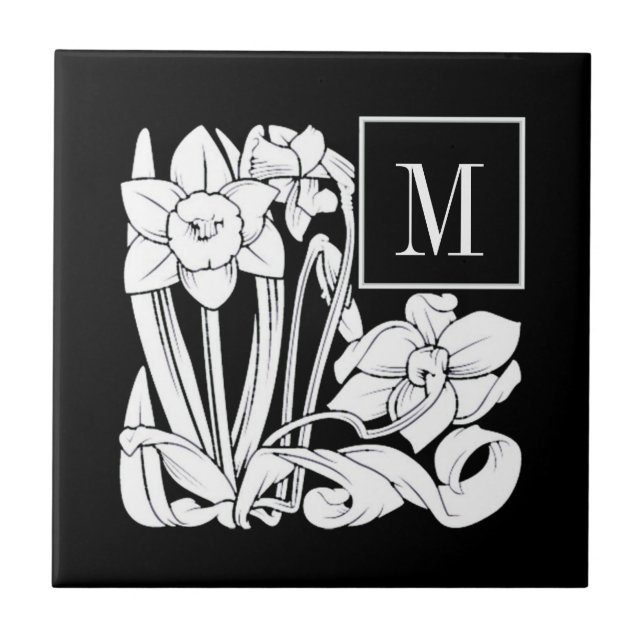 Art Nouveau Daffodil Monogram Ceramic Tile (Front)