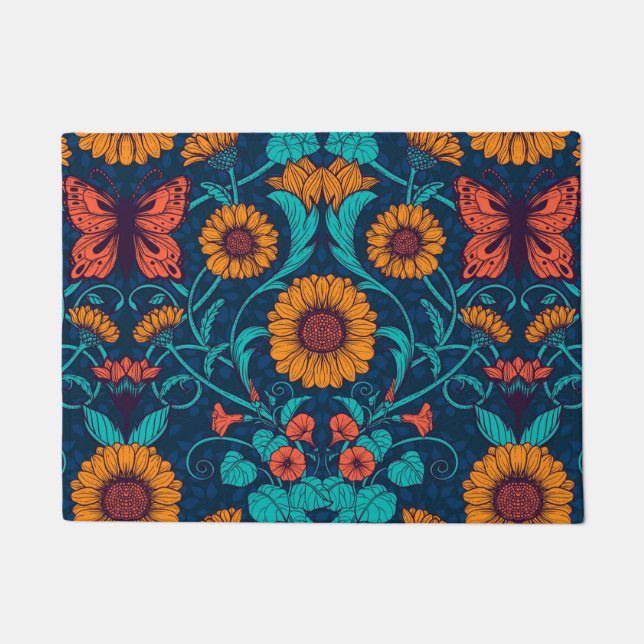 Art Nouveau daisies in blue and yellow Doormat (Front)