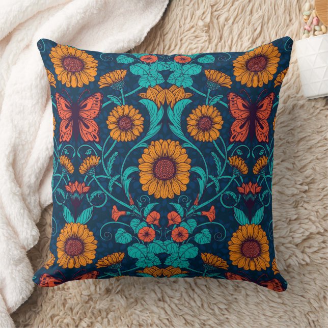 Art Nouveau daisies in blue and yellow Throw Pillow (Blanket)