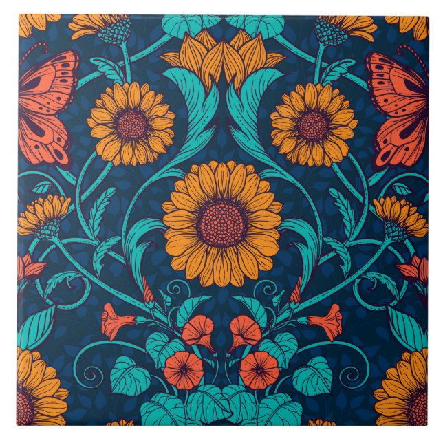 Art Nouveau daisies in blue and yellow Tile (Front)