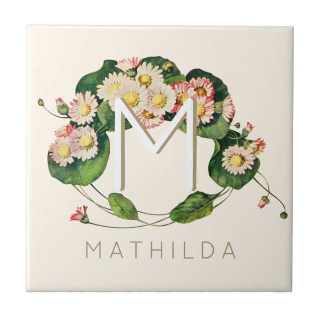 Art Nouveau Daisies Wreath Monogram to Personalize Tile (Front)