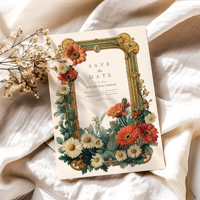 Art Nouveau Daisy Gerbera Floral Frame Wedding Save The Date (Creator Uploaded)