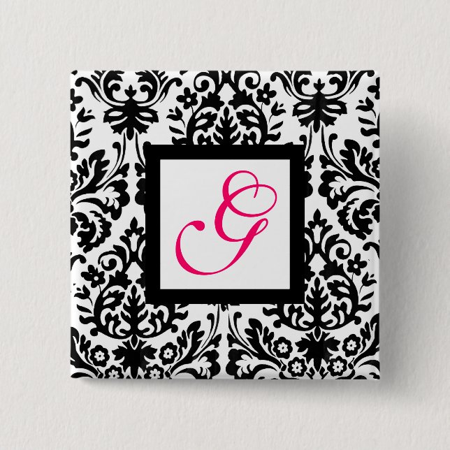 ART NOUVEAU DAMASK SQUARE  MONOGRAM,pink fuchsia 2 Inch Square Button (Front)