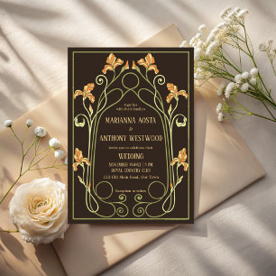Art nouveau dark brown elegant wedding invitation