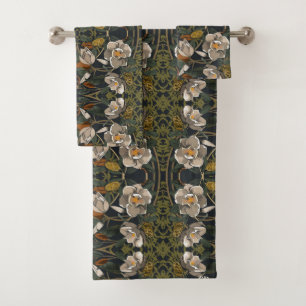 Art Nouveau Dark Grey Magnolia Pattern Bath Towel Set