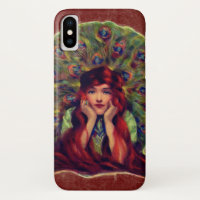 Art nouveau deco elegant woman peacock feathers