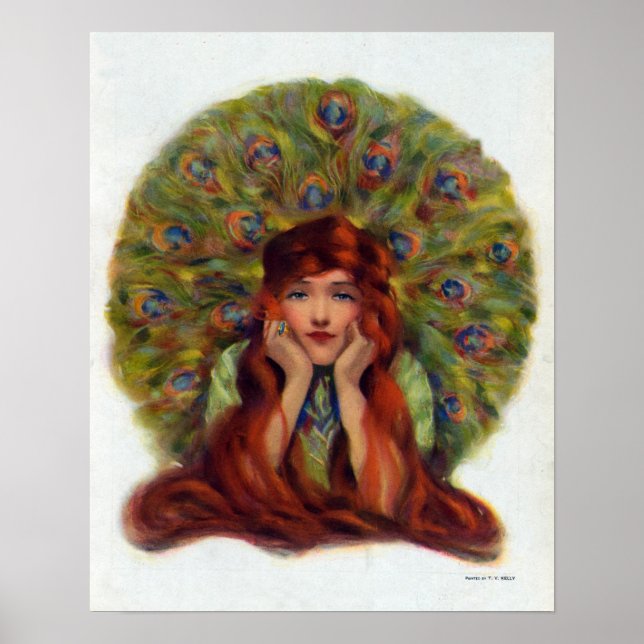 Art nouveau deco elegant woman peacock feathers  poster (Front)