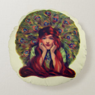 Art nouveau deco elegant woman peacock feathers  round pillow