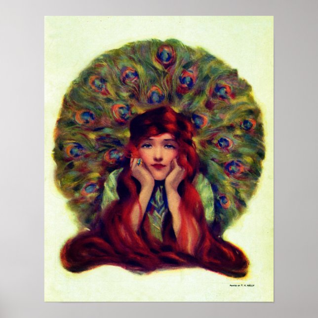 Art nouveau déco élégante femme paon plumes (Devant)