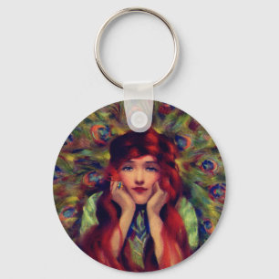 Art nouveau deco woman peacock feather elegant   keychain
