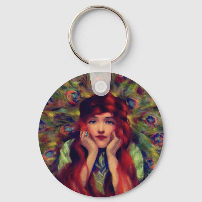 Art nouveau deco woman peacock feather elegant   keychain (Front)