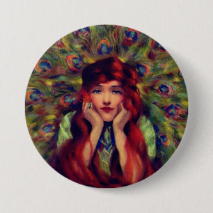Art nouveau deco woman peacock feathers elegant  3 inch round button