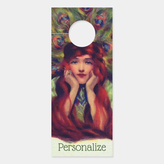 Art nouveau deco woman peacock feathers elegant  door hanger (Front)