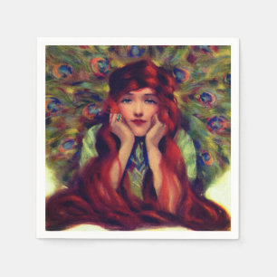 Art nouveau deco woman peacock feathers elegant  napkin