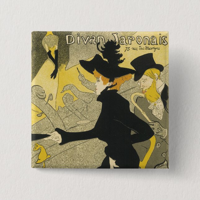Art Nouveau, Divan Japonais by Toulouse Lautrec 2 Inch Square Button (Front)