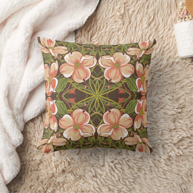 Art Nouveau Dogwood Blush Floral Print Throw Pillow (Blanket)