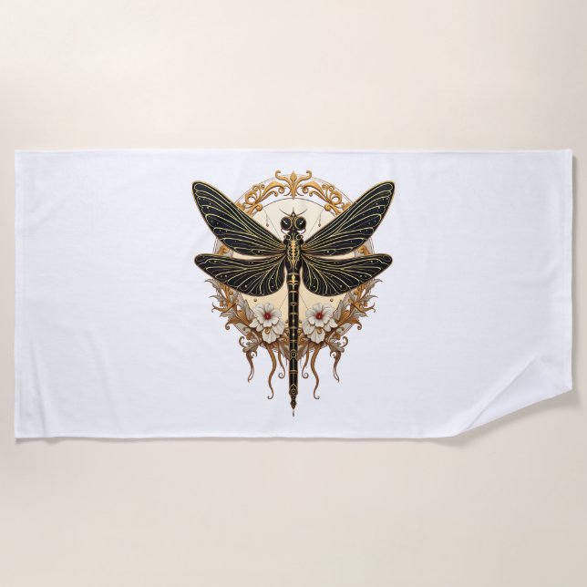 Art Nouveau Dragonfly Elegant Steampunk Beach Towel (Front)