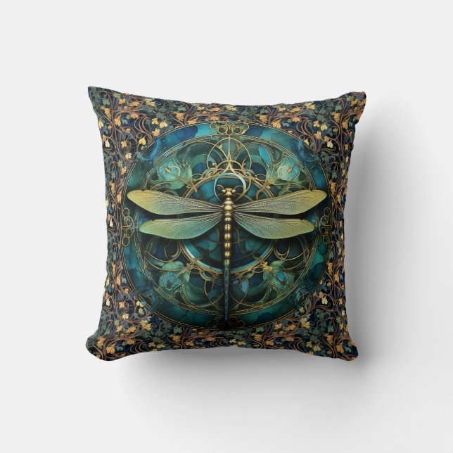 Art Nouveau Dragonfly on Ivy Throw Pillow (Front)