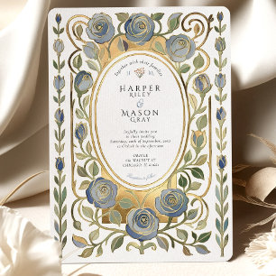 Art Nouveau Dusty Blue & Gold Roses Wedding Invitation