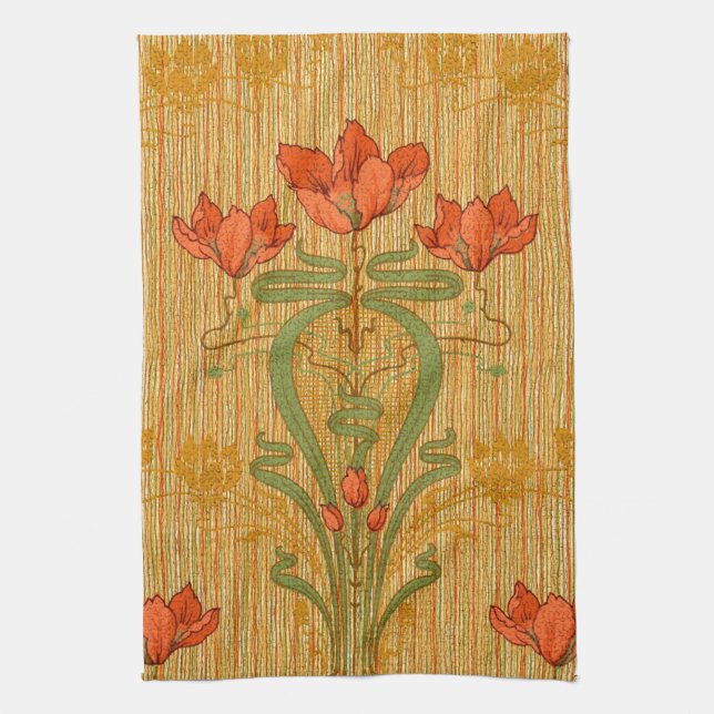 Art nouveau elegant floral poppy flowers victorian kitchen towel (Vertical)