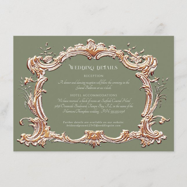 Art Nouveau Elegant Sage and Gold Wedding Details  Enclosure Card (Front)