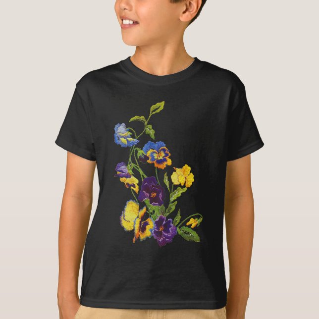 Art Nouveau Embroidered Pansies T-Shirt (Front)