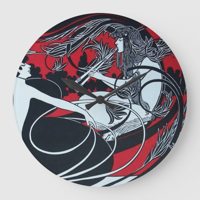 ART NOUVEAU FAUN  Red Burgundy,Black,white Large Clock (Front)