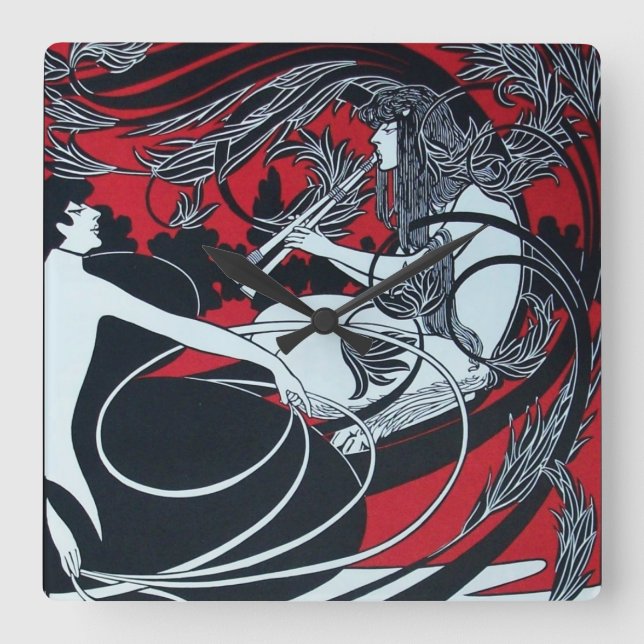ART NOUVEAU FAUN  Red Burgundy,Black,white Square Wall Clock (Front)