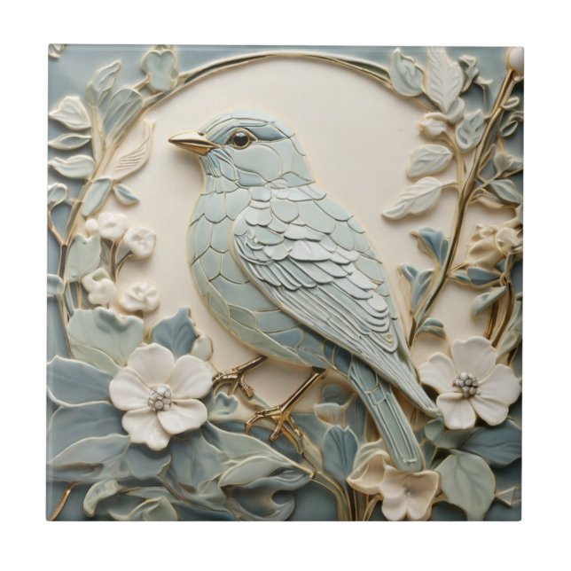 Art Nouveau Faux Relief Bluebird Bird Left Mint Tile (Front)