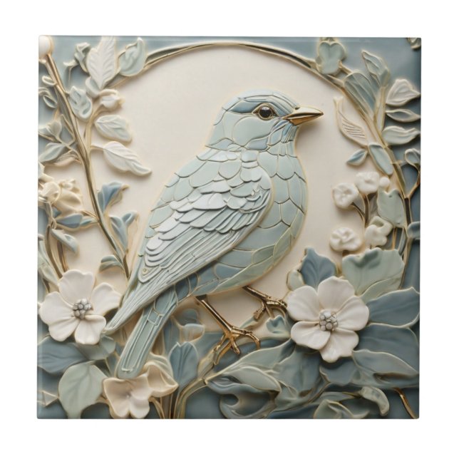 Art Nouveau Faux Relief Bluebird Bird Right Mint Tile (Front)