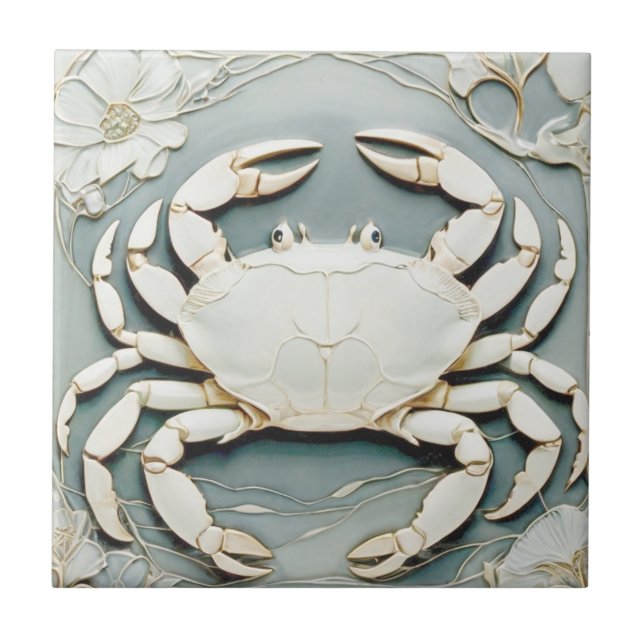 Art Nouveau Faux Relief Dusty Blue Ocean Sea Crab Tile (Front)