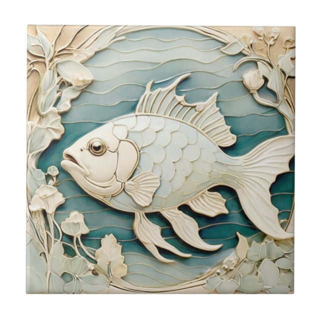 Art Nouveau Faux Relief Fish Sea Ocean Nautical Tile (Front)