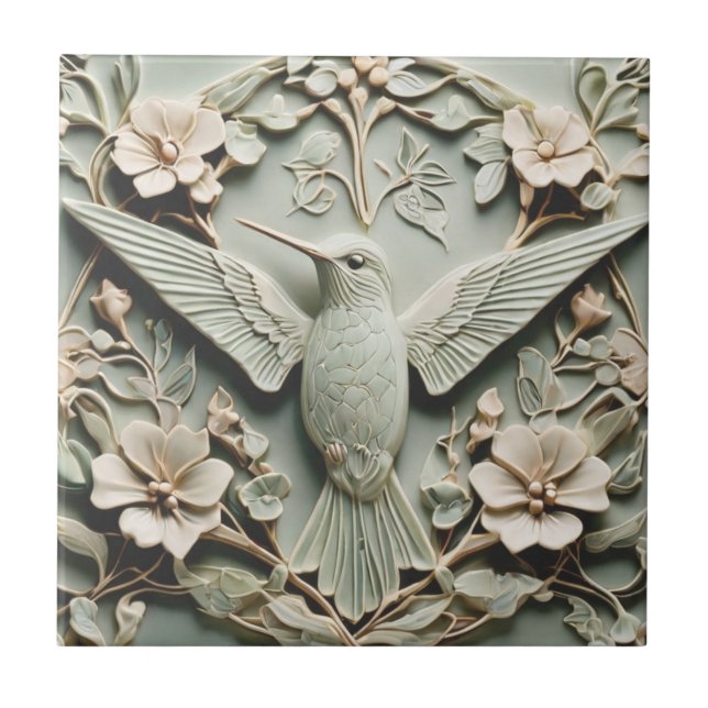 Art Nouveau Faux Relief Hummingbird Bird Floral Tile (Front)
