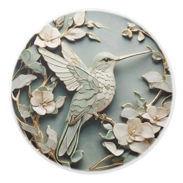 Art Nouveau Faux Relief Hummingbird Bird Mint Ceramic Knob (Front)