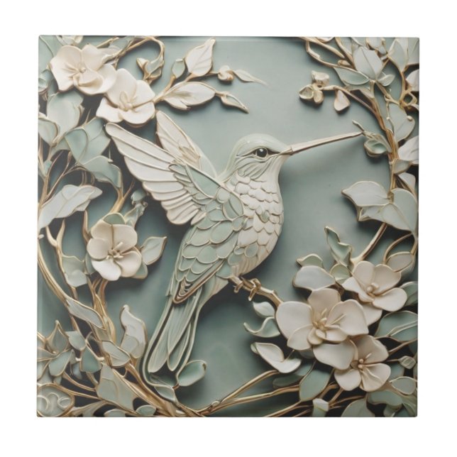 Art Nouveau Faux Relief Hummingbird Bird Mint Tile (Front)
