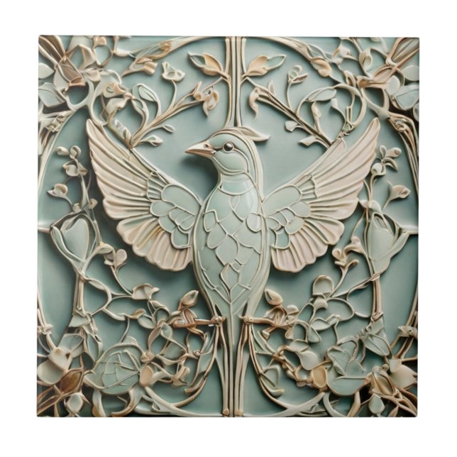 Art Nouveau Faux Relief Left Bird Pastel Mint Tile (Front)