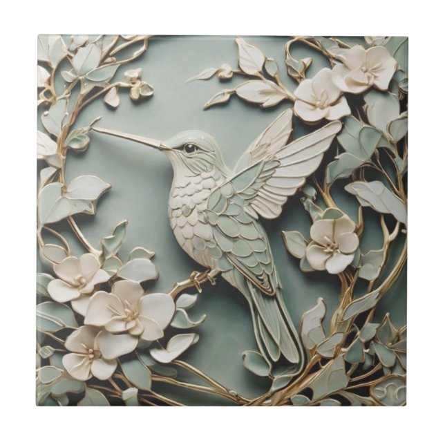 Art Nouveau Faux Relief Left Hummingbird Bird Mint Tile (Front)