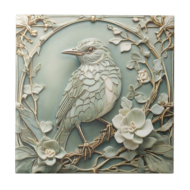 Art Nouveau Faux Relief Left Starling Bird Sage Tile (Front)