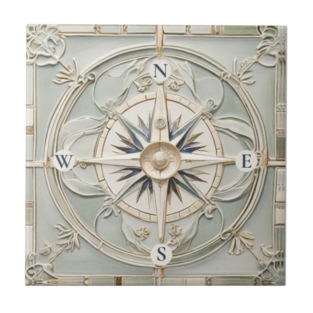 Art Nouveau Faux Relief Nautical Compass Rose Tile (Front)