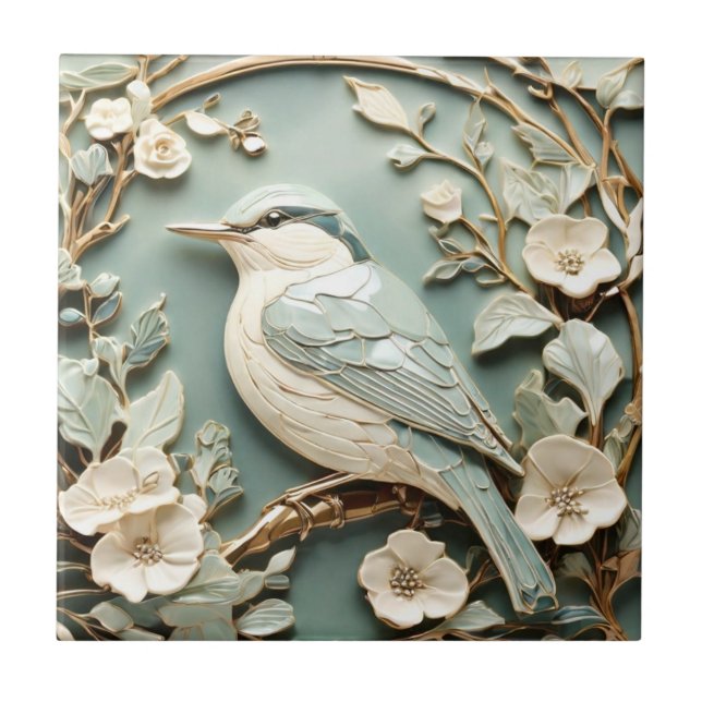 Art Nouveau Faux Relief Nuthatch Bird Left facing Tile (Front)
