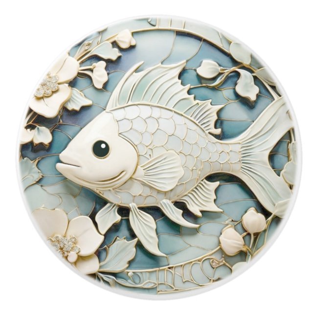 Art Nouveau Faux Relief Ocean Fish Right facing Ceramic Knob (Front)