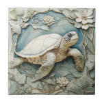 Art Nouveau Faux Relief Ocean Sea Turtle Right Tile<br><div class="desc">"art nouveau", "underwater swimming sea turtle", "ocean sea marine animals", "faux relief ceramic tile", "mint blue white water", "pastel turquoise teal", "vintage decorative shore life", "right facing nautical animal", "beautiful light baby blue", "cream beach coast antique"</div>